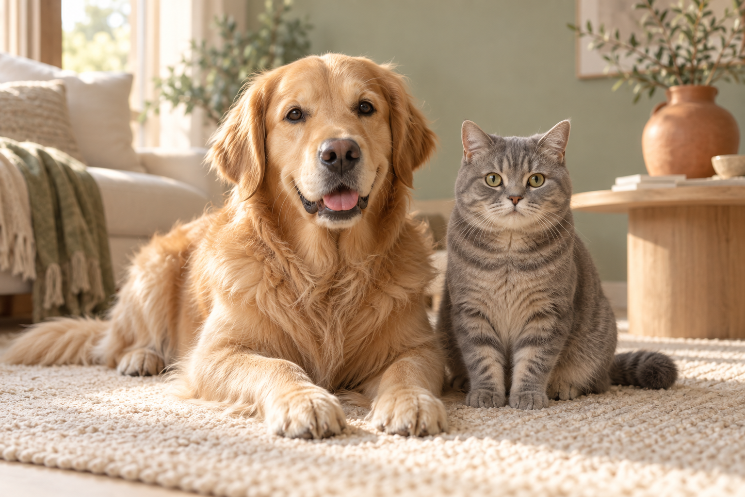 Een golden retriever en een grijze kat samen in een warme woonkamer